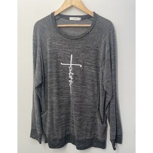 Faith Cross Christian Long Sleeve T Shirt Pockets Women's Size XXL Gray